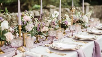 ai gerado Casamento decoração com lavanda tema, floral decoração Projeto e lindo decoração configuração arranjo foto