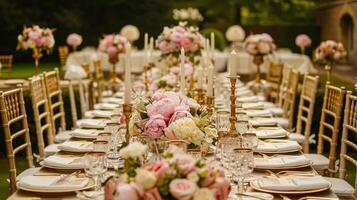 ai gerado Casamento decoração com peônias, floral decoração e evento celebração, peônia flores e Casamento cerimônia dentro a jardim, Inglês país estilo foto