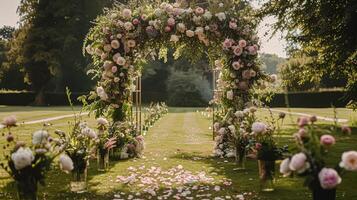 ai gerado Casamento decoração com peônias, floral decoração e evento celebração, peônia flores e Casamento cerimônia dentro a jardim, Inglês país estilo foto