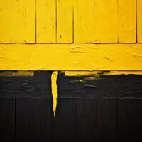 ai gerado detalhado Visão do uma quarto com uma amarelo pintado de madeira parede e uma desgastado Preto pintado de madeira chão foto