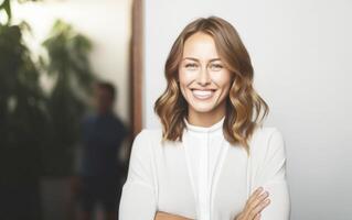 ai gerado confiante sorrisos retrato do jovem adulto e mulher foto