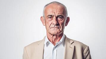 ai gerado Senior homem dentro terno posando isolado em branco fundo. foto