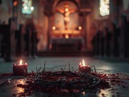 ai gerado Boa Sexta-feira altar adornado com espinhos e unhas, suavemente aceso foto