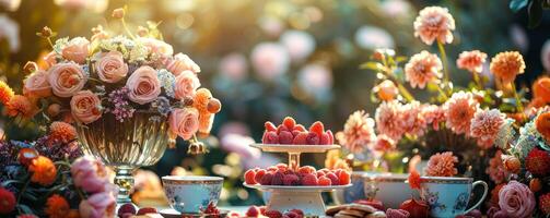 ai gerado victoria dia comunidade jardim festa floral decorações, chá, bolos, amigáveis reunião, Primavera celebração. foto