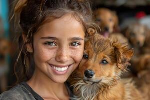 ai gerado família voluntários às a animal abrigo mostrar comprometimento de limpeza, alimentando, e carinhoso para a animais. foto