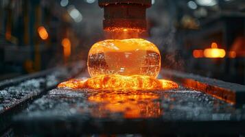 ai gerado soprar vidro envolve modelar fundido vidro dentro uma Sombrio oficina iluminado de uma brilhante laranja brilho foto