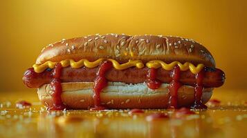ai gerado 1 quente cachorro com mostarda e ketchup fechar-se em minimalista fundo. criada com generativo ai foto