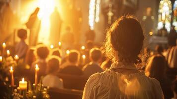 ai gerado tranquilo Páscoa serviço - suave manhã luz, Igreja velas, Primavera moda foto