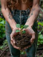 ai gerado mãos berço fertil solo, nutrir uma jovem plantinha, incorporando sustentável vivo e orgânico agricultura. foto