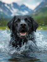 ai gerado uma alegre cachorro jogando dentro a lago, espirrando com exuberância e prazer. foto