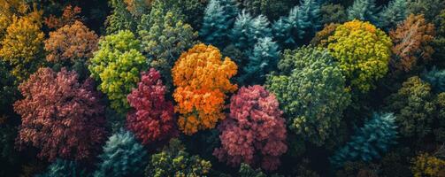 ai gerado sazonal árvores dentro transição, panorâmico Visão do uma floresta mostrando alterar a partir de verão para outono, destacando da natureza beleza. foto