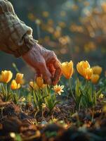 mãos plantio tulipas e narcisos, Primavera jardim calor foto