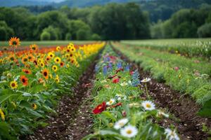 ai gerado estruturada, uniforme linhas do cultivo dentro terras agrícolas vs aleatório, variado flores silvestres dentro uma Prado, contrastante agrícola vs natural paisagens foto