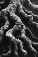 ai gerado entrelaçando árvore raízes refletir força e estabilidade contra uma Sombrio floresta chão pano de fundo. foto