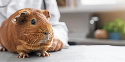 ai gerado generativo ai, fofa pequeno Guiné porco em a mesa ser examinado de profissional veterinário dentro veterinario clínica foto