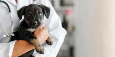 ai gerado generativo ai, veterinário médico é segurando dentro mãos fofa pequeno cachorro cachorro, veterinario clínica foto