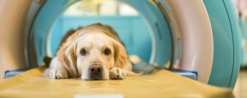 ai gerado generativo ai, cachorro em mesa em veterinario clínica às ressonância magnética, exame dentro veterinário cirurgia hospital foto