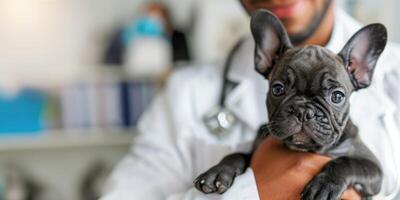 ai gerado generativo ai, veterinário médico é segurando dentro mãos fofa pequeno cachorro cachorro, veterinario clínica bandeira com cópia de espaço foto