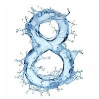 ai gerado luz azul água gotas dentro a forma do a número 8 em uma branco fundo fechar-se. número 8 fez a partir de água salpicos. foto