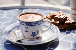 ai gerado uma copo do quente chocolate em uma mesa com azul e branco telha superfície. foto