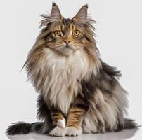 ai gerado maine coon gato, sentado, isolado em branco fundo foto