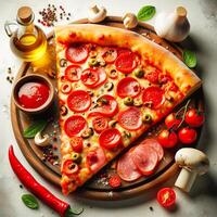 ai gerado fatia do fresco italiano clássico original calabresa pizza foto