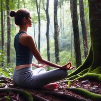 ai gerado jovem mulher meditando dentro a parque foto