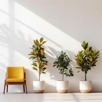 ai gerado plantas contra uma branco parede dentro lindo panelas dentro uma minimalista interior foto