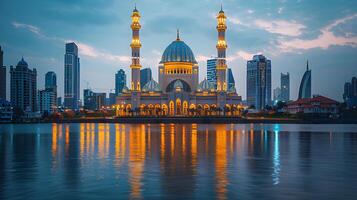 ai gerado lindo mesquita dentro a meio do a cidade às noite. islâmico fundo foto