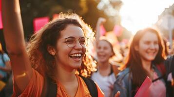 ai gerado comunidade do mulheres e meninas reunindo para mudança às nascer do sol foto