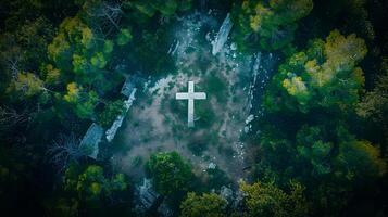 ai gerado aéreo Visão do uma Cruz dentro a floresta dentro a estilo do fantasmacore foto