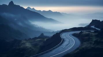 ai gerado nebuloso estrada dentro montanha misterioso e atmosférico cenário foto