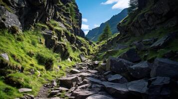 ai gerado áspero montanha caminho conduzindo para a horizonte foto