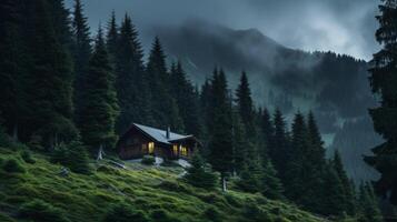 ai gerado montanha cabana e abeto árvores com neve e luz solar foto