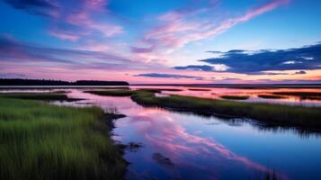 ai gerado nascer do sol cenário do calma costeiro pantanal com flora e fauna foto