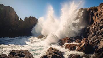 ai gerado uma dramático Visão do a mar e a pedras em a costa foto