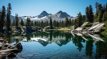 ai gerado pacífico lago e pinho madeiras dentro montanhoso terreno foto