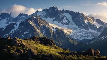 ai gerado alpino panorama com áspero montanhas e nuvens foto