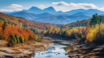 ai gerado vívido outono montanha panorama com colorida árvores e lago foto