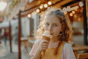 ai gerado uma menina comendo gelo creme em uma ensolarado dia ao ar livre foto