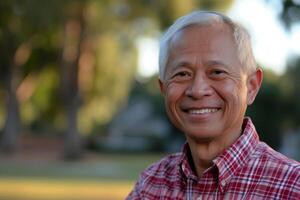 ai gerado retrato do sorridente Senior malaio homem ao ar livre foto