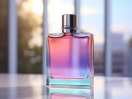 ai gerado exótico perfume garrafa Projeto com colorida líquido dentro em gradiente fundo. generativo ai foto