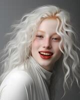 ai gerado jovem e lindo albino mulher em uma cinzento fundo. fêmea com prata cabelo. generativo ai foto
