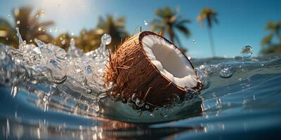 ai gerado rachado coco cai a partir de árvore para dentro a mar com uma respingo do água. generativo ai foto