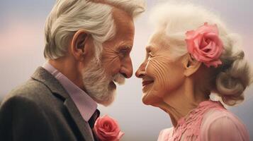 ai gerado romântico retrato do Senior casal olhando às cada de outros foto