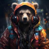 ai gerado cyberpunk Urso vestindo Jaqueta e fones de ouvido. legal Urso ilustração. generativo ai foto