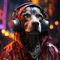 ai gerado cyberpunk cachorro vestindo Jaqueta e fones de ouvido. legal cachorro ilustração. generativo ai foto