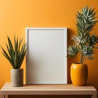 ai gerado em branco foto quadro, Armação brincar em amarelo parede com plantar decoração. esvaziar poster quadro. generativo ai