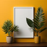 ai gerado em branco foto quadro, Armação brincar em amarelo parede com plantar decoração. esvaziar poster quadro. generativo ai