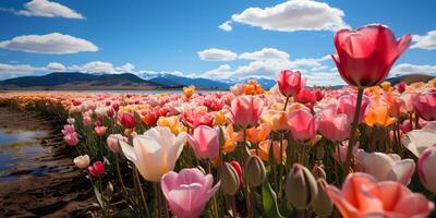 ai gerado colorida tulipa campo com azul céu panorama. generativo ai foto